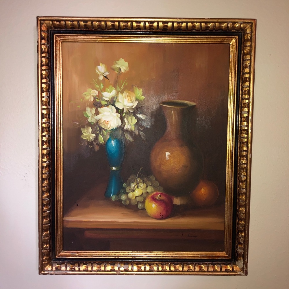 1920-1940 Signed StIll Life Oil Painting With Original Gold Frame and Backing
